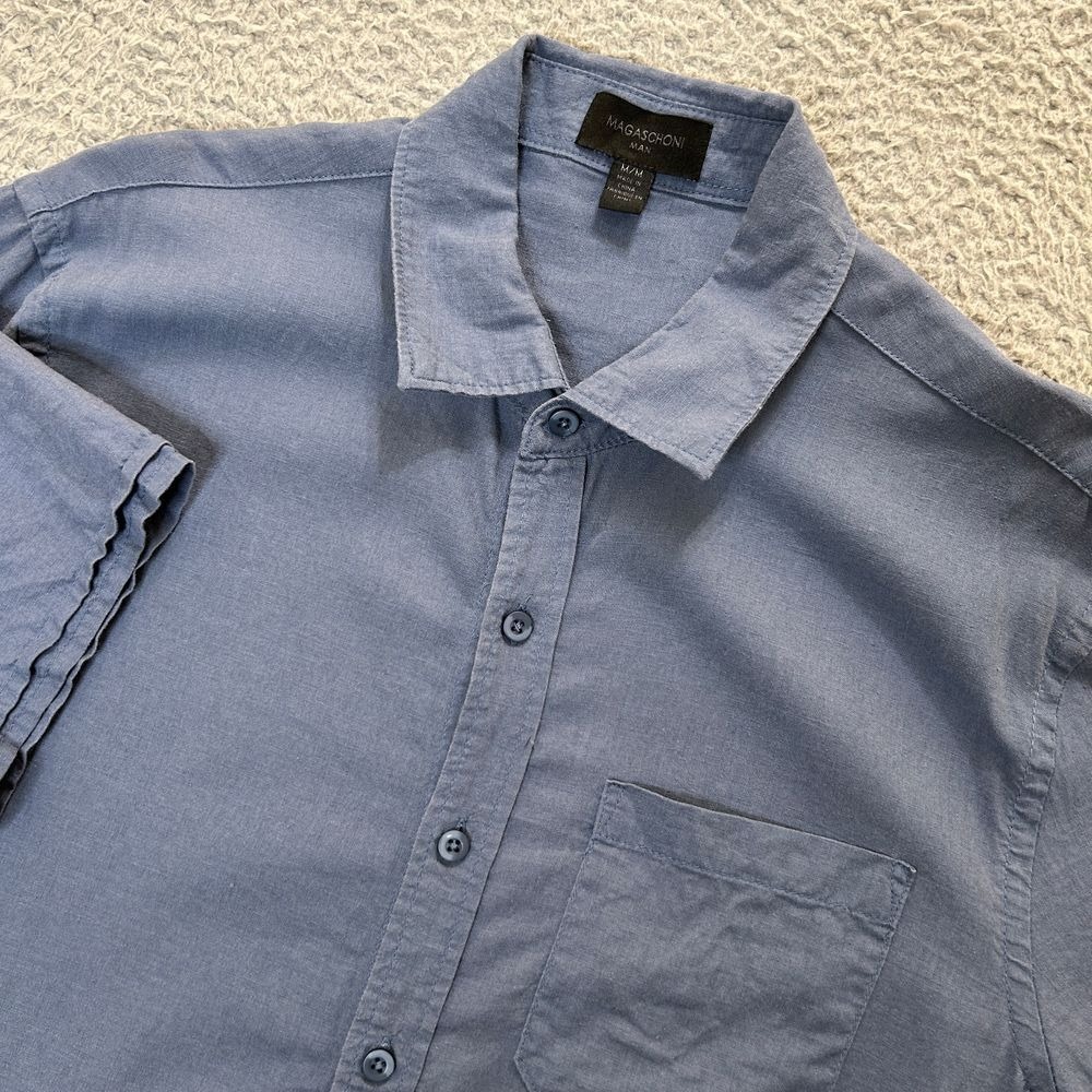 Magaschoni Man Shirt Mens Medium Blue Linen Blend Short Sleeve Button‎ Down
